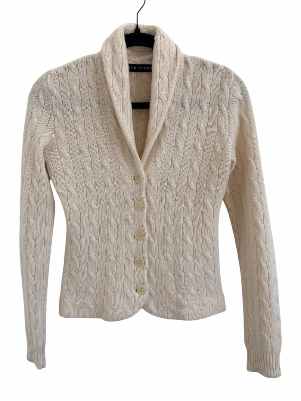 Ralph Lauren Black Label Cashmere Ivory Cable Knit Shawl-Collar Cardigan